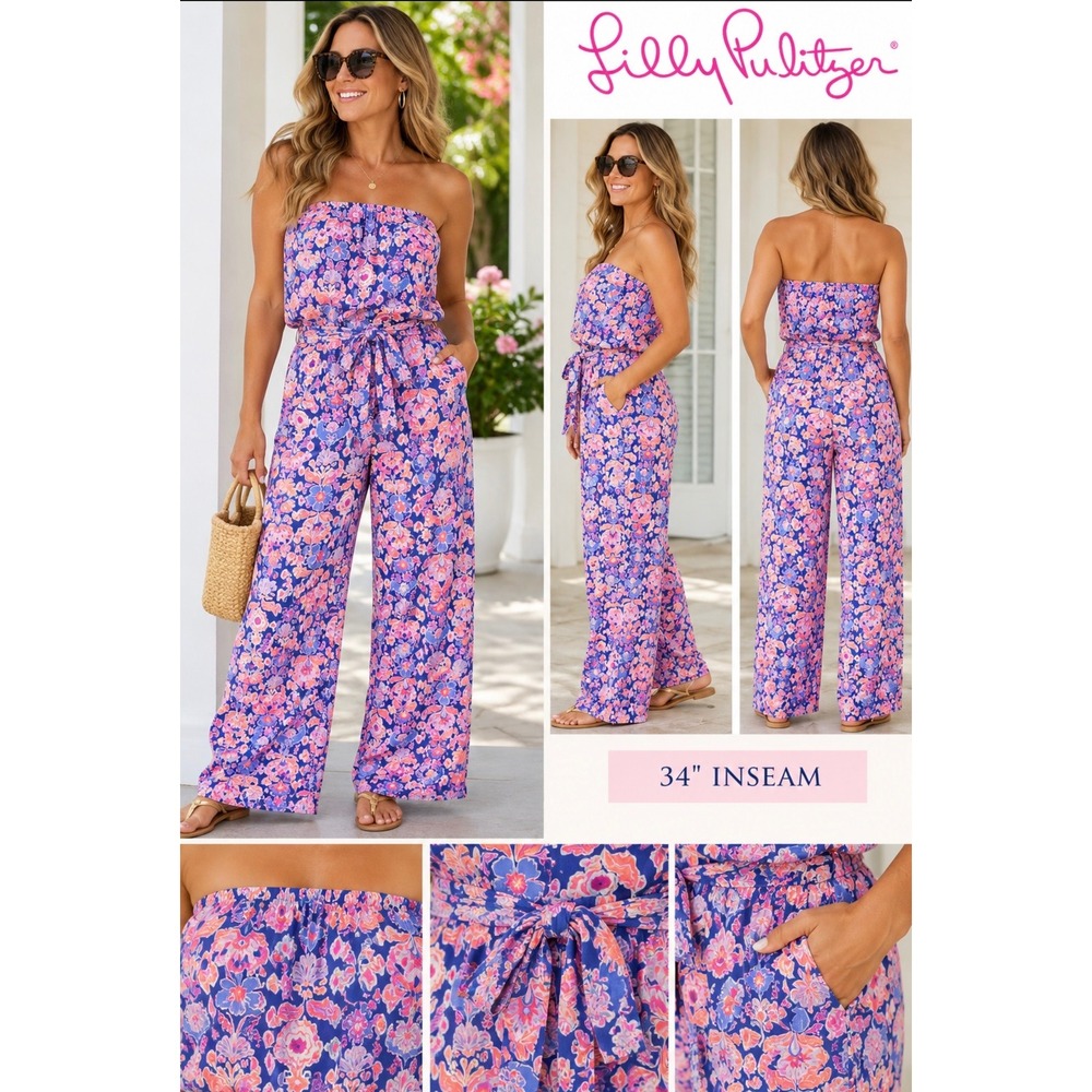 Lilly Pulitzer Strapless Jumpsuit Womens XL  Floral Smocked Wide Leg